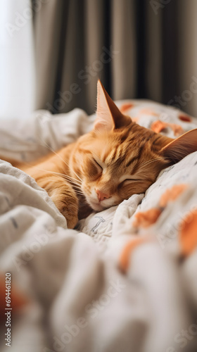 A cute domestic tabby striped cat sleeps on a soft bed under a warm blanket. The ginger cat is lying napping, resting in bed. A comfortable life of pets banner. Design for poster print with copy space