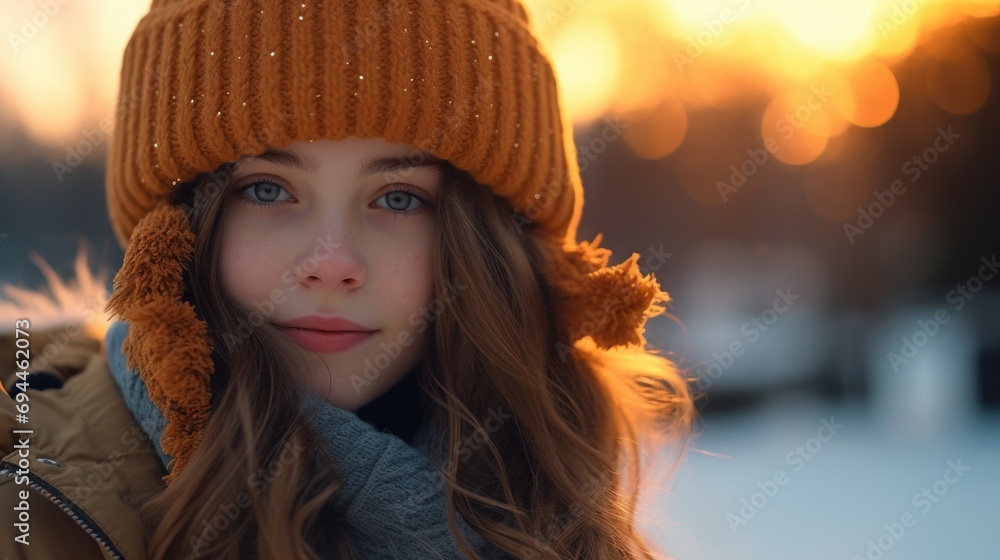 A woman dressed warmly in a hat and scarf, standing in the snow. This picture can be used to depict winter fashion or the joy of playing in the snow A woman dressed warmly in a hat and scarf, standing in the snow. This picture can be used to depict winter fashion or the joy of playing in the snow