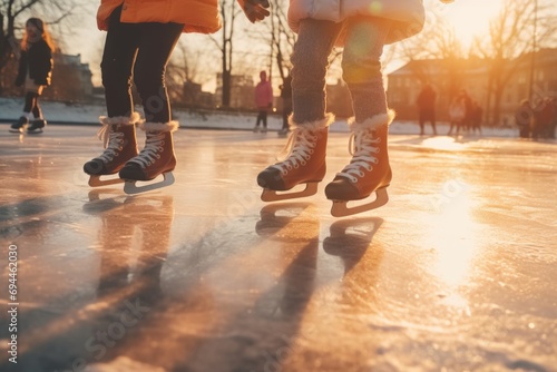 A couple of people riding skateboards on a frozen surface. Suitable for winter sports or outdoor activities
