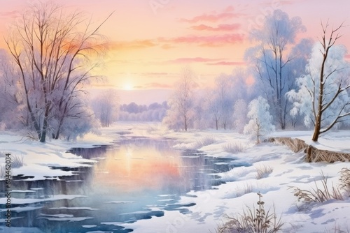 A beautiful painting capturing a river in a snowy landscape. Perfect for adding a touch of winter wonder to any space © Fotograf