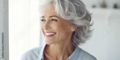 An older woman with a smile on her face, looking away from the camera. Suitable for various uses