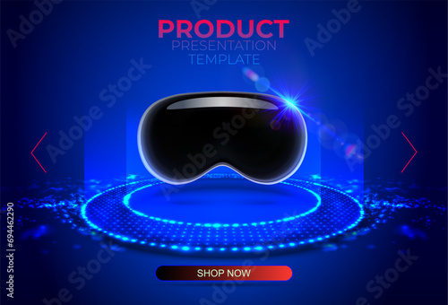 Blue glowing dots ring on floor. Circle podium or teleport. Futuristic product stand template for pc gaming accessories. Abstract hi-tech background for display technology product. Editable vector