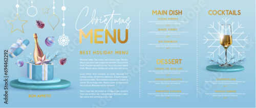 Restaurant Christmas holiday menu design with open gift box, champagne glass, pine cone and snowflakes . Vector illustration