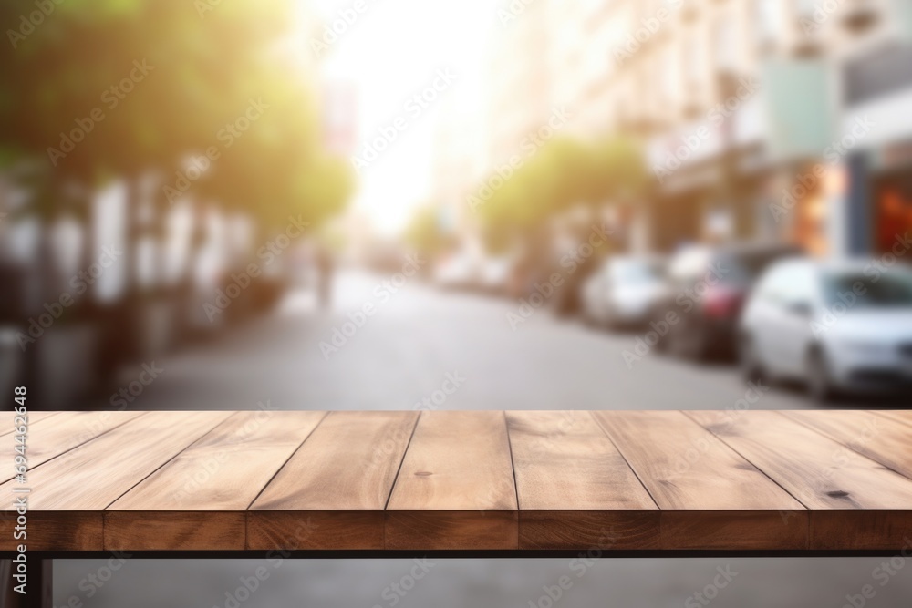 A wooden table placed in front of a bustling city street. Suitable for various uses A wooden table placed in front of a bustling city street. Suitable for various uses