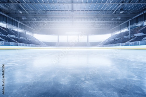 An empty ice rink with rows of seats. This picture can be used to showcase a vacant ice rink or for illustrating a sports venue