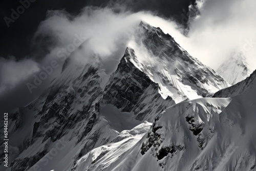 A stunning black and white photo of a snow covered mountain. Perfect for adding a touch of elegance to any project or design