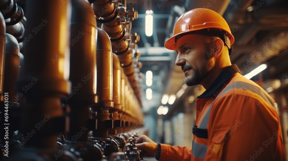 A man wearing an orange safety vest and hard hat is seen working on pipes. This image can be used to depict construction, maintenance, or repair work A man wearing an orange safety vest and hard hat is seen working on pipes. This image can be used to depict construction, maintenance, or repair work