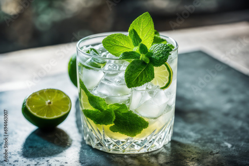Mojito cocktail in a clear glass with alcohol, rum, sugar, lime, mint leaves, soda, ice, arranged on a concrete backdrop. for advertising media It is usually popular in summer. Refreshing drinks