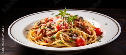 Classic pasta dish with anchovies served in a Venetian restaurant.