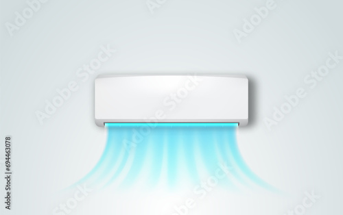 Modern wall mounted air conditioner with flows of cold air. Controlling temperature and climate in room vector realistic illustration.
