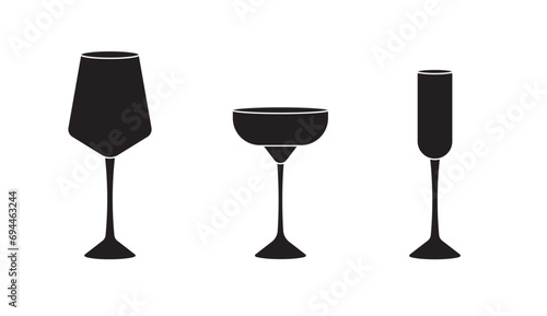 Set of various glasses for alcohol and non alcohol drinks in silhouette style on white background for icons, posters, patterns, webs, apps, wrapping	
