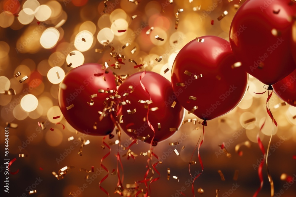 Colorful red balloons floating in the air with confetti. Perfect for celebrations and festive occasions - obrazy, fototapety, plakaty 