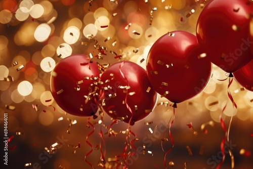 Colorful red balloons floating in the air with confetti. Perfect for celebrations and festive occasions photo