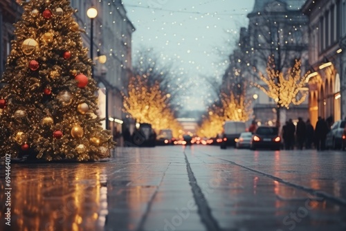 A city street with a Christmas tree in the middle. Perfect for holiday decorations and festive celebrations