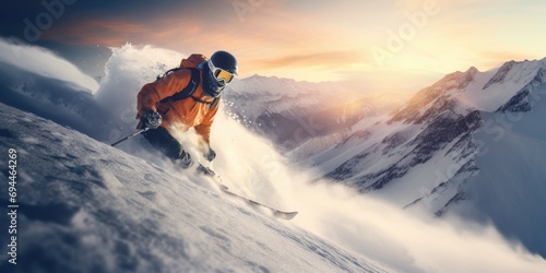 A man riding skis down the side of a snow covered slope. Ideal for winter sports and outdoor adventure themes