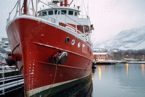 A red and white boat docked in a harbor. This picture can be used to depict maritime activities or coastal scenery