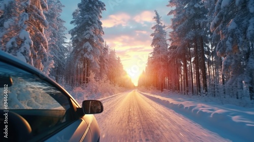 A car driving down a snow-covered road. Suitable for winter driving or scenic road trip concepts photo
