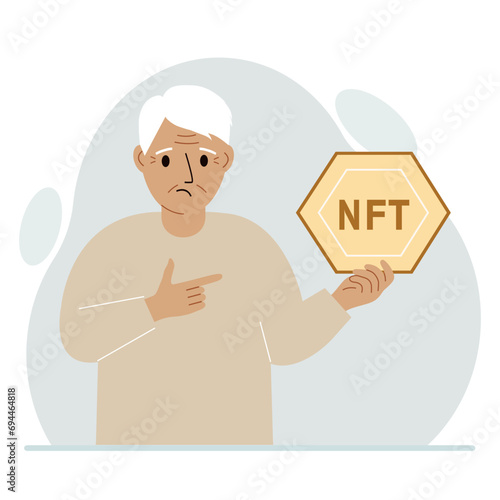NFT concept. The old man is holding nft in his hand. Works of art using non-fungible tokens for auctions, sale and purchase of works of art.