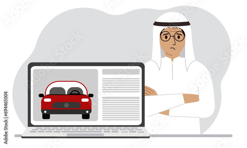 The concept of renting or buying a car. A arabic man with a laptop on which site about the car.