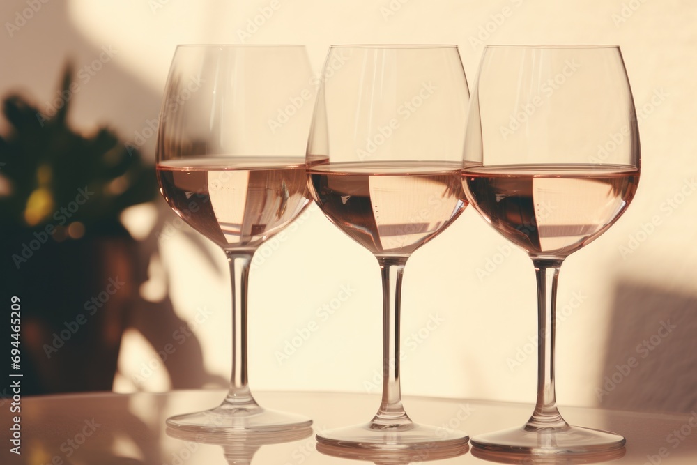 Three glasses of wine sitting on a table. Perfect for wine enthusiasts and restaurant promotions Three glasses of wine sitting on a table. Perfect for wine enthusiasts and restaurant promotions