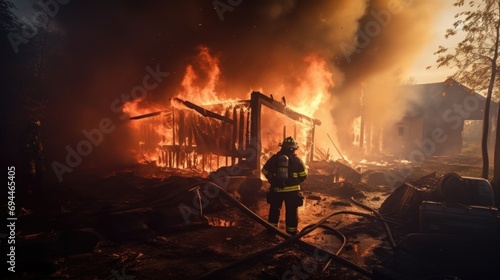 A firefighter standing in front of a burning house. Suitable for fire safety awareness campaigns and news articles