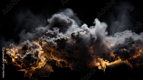 A cloud of smoke is captured against a black background. This image can be used to depict mystery, danger, pollution, or as a background for text or graphics photo
