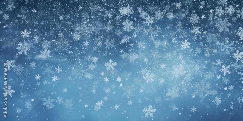 Snow flakes falling from the sky on a blue background. Suitable for winter and holiday-themed designs