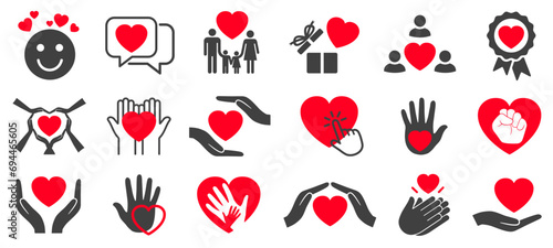 Community social trust icon set, heart with hand icons, care help, love, health, charity community, partnership care, people solidarity help concept, donate, solidarity, social care helping hands