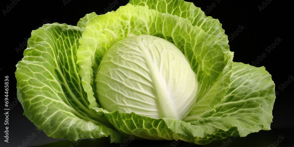 Fototapeta premium A detailed view of a cabbage placed on a black surface. This image can be used to depict freshness, healthy eating, or as a background for food-related designs