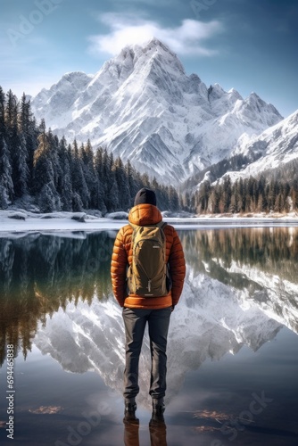 A man standing in front of a serene lake with a majestic mountain in the background. This image can be used to depict solitude, nature, and outdoor exploration