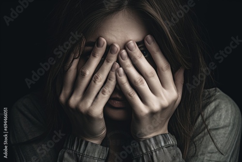 A woman with her face covered by her hands. Can be used to depict emotions such as sadness, frustration, or embarrassment.