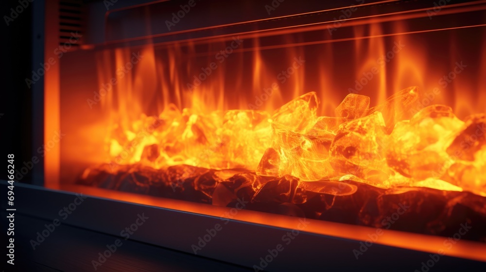 A close up view of a roaring fire in a cozy fireplace. Perfect for creating a warm and inviting atmosphere.