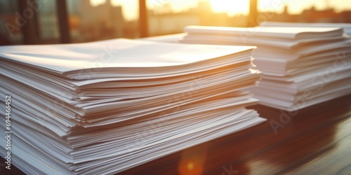 A stack of papers neatly arranged on a wooden table. Perfect for business, education, or office-related projects © Fotograf