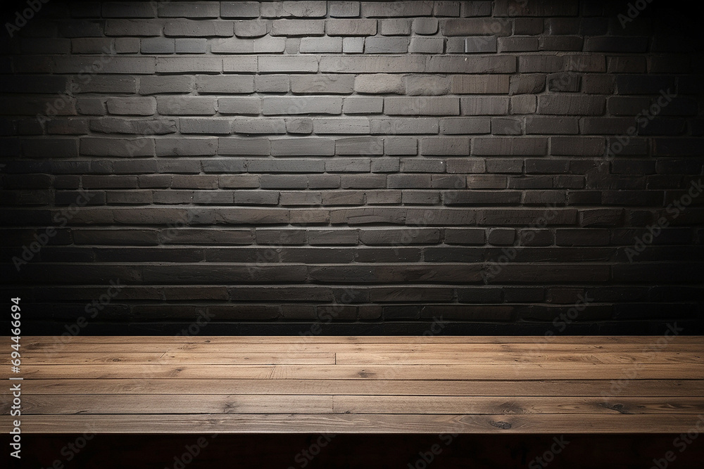 empty wooden table with black wall brick background