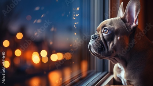 Photo a French bulldog looks out the window at the magical lights of the evening city photo