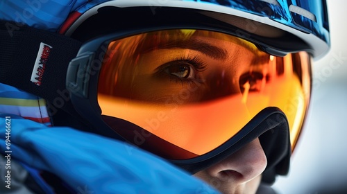 A close up view of a person wearing a helmet and goggles. This image can be used for various purposes, such as safety, sports, or outdoor activities © Fotograf