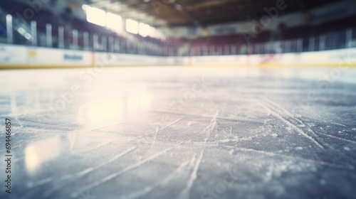 A blurry photo of an ice hockey rink. Can be used to depict the fast-paced action and excitement of ice hockey games