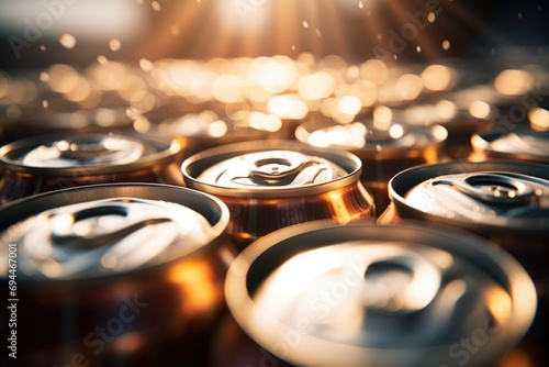 A close-up view of a group of soda cans. This image can be used in various contexts photo