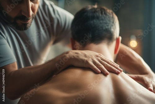 A man is pictured receiving a back massage in a room. This image can be used to depict relaxation and self-care