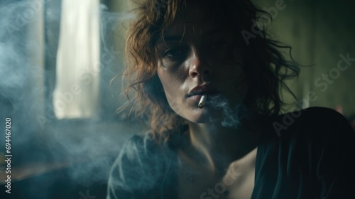 A woman is seen smoking a cigarette in a dimly lit room. This image can be used to depict addiction, relaxation, or a mysterious atmosphere.