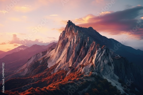 A beautiful mountain with a stunning sunset in the background. Perfect for nature enthusiasts or travel blogs
