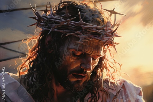A man wearing a crown of thorns on his head. This image can be used to represent themes of suffering, sacrifice, and religious symbolism