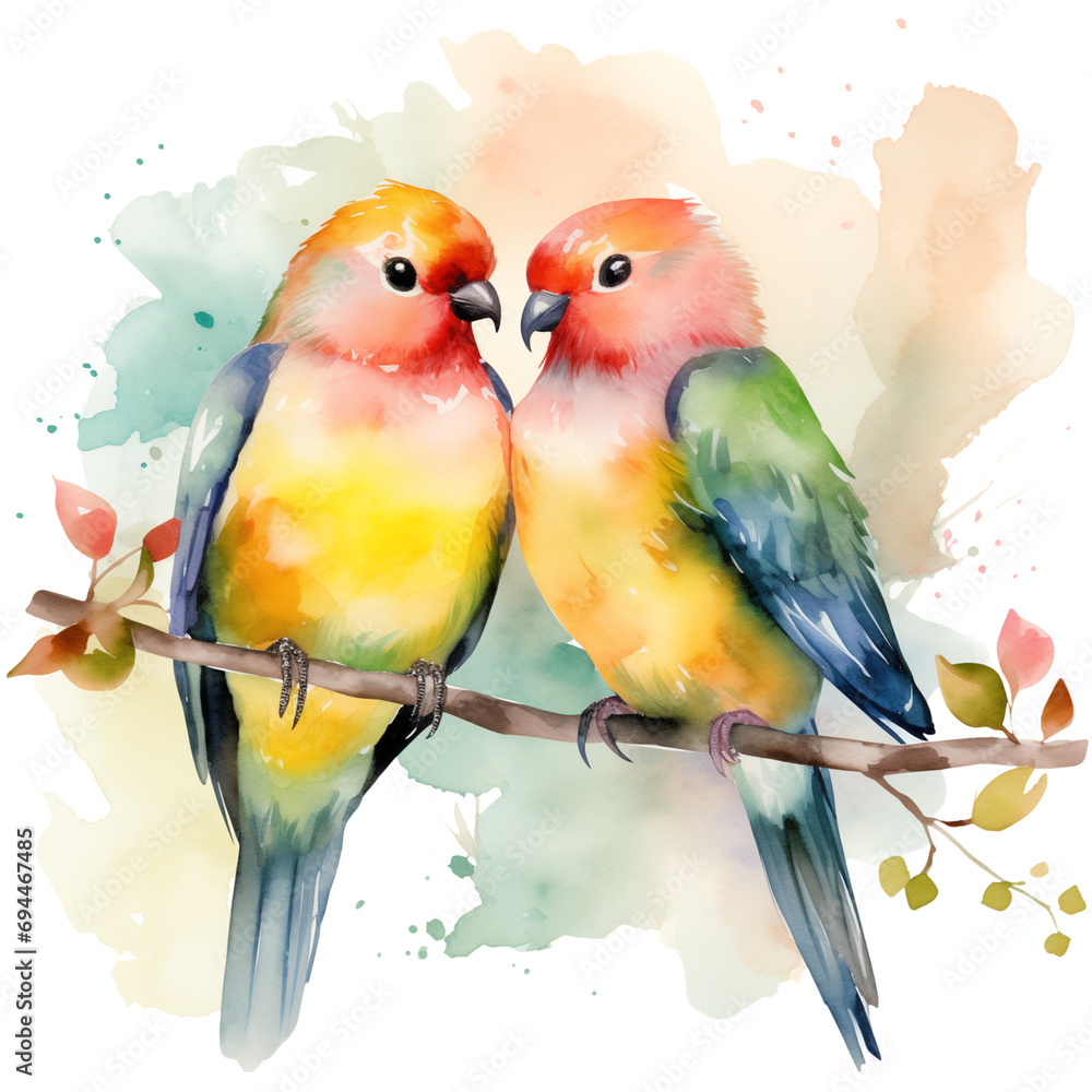 Obraz premium Watercolor couple of lovebirds sitting on the branch, multicolor bird illustration isolated with a transparent background, Valentine’s Day card image 