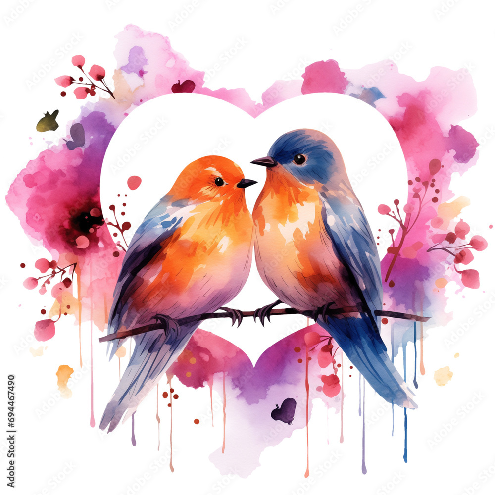 Watercolor couple of lovebirds sitting on the blooming branch with a heart, vibrant bird watercolor illustration isolated with a transparent background, Valentine’s Day card image 