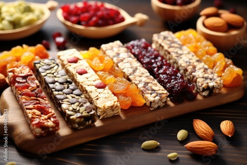 A wooden cutting board topped with a variety of fresh fruits and nuts. Perfect for food-related projects and healthy eating concepts photo