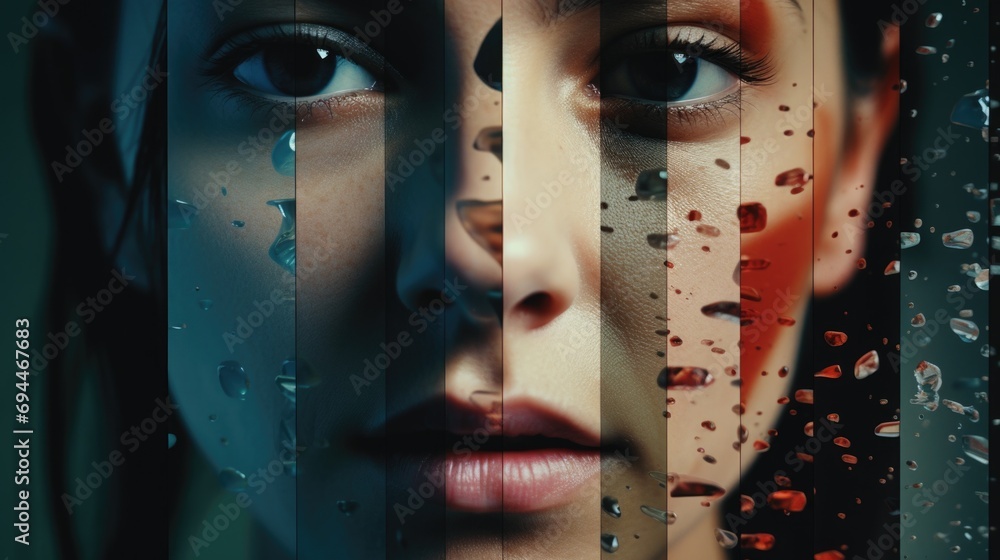 Fototapeta premium A woman with blood on her face stands near a window. Suitable for horror or thriller themes