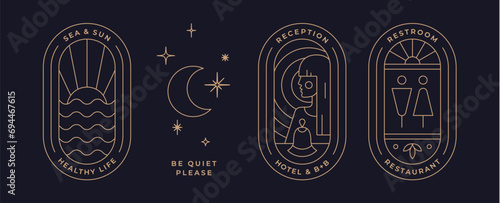 Set of minimalist line art logo template. Simple modern design line graphic badge for brand. Sea sun landscape, reception hotel, wc toilet restroom. Collection line icon sign. Vector Illustration