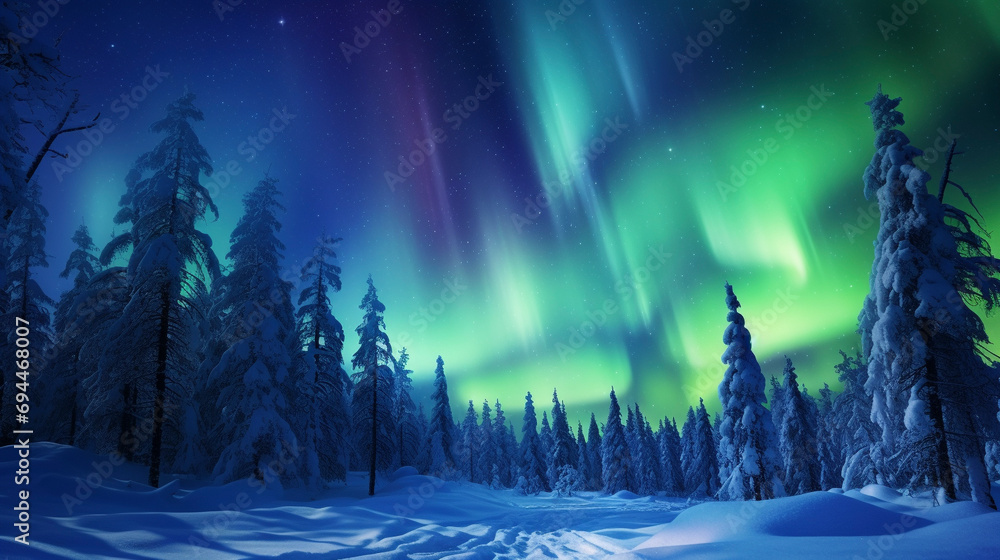 northern lights, aurora borealis, with winter forest landscape