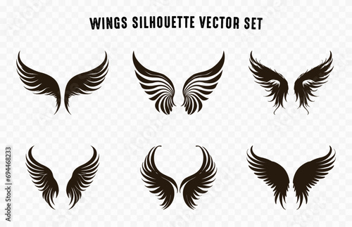 Set of different Wings Silhouettes Vector Collection  Angel Wings with Long Feather Vector   Bird wings black clipart Bundle