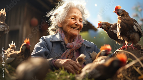 portrait of an elderly woman feeding chickens. household concept photo